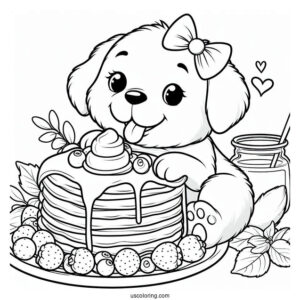Puppy Licking Large Pancake Coloring Page With Butter And Berries
