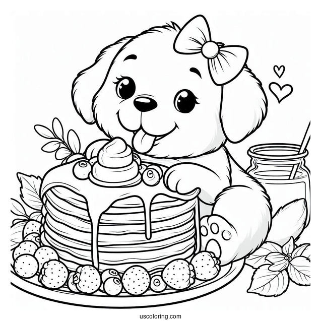 Puppy Licking Large Pancake Coloring Page With Butter And Berries
