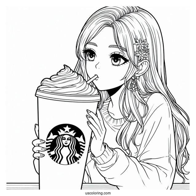Woman Drinking From A Massive Starbucks Coloring Page Of Cup