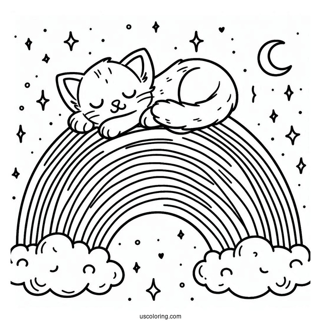 Kitten Sleeping On Top Of A Rainbow Coloring Page For Kids