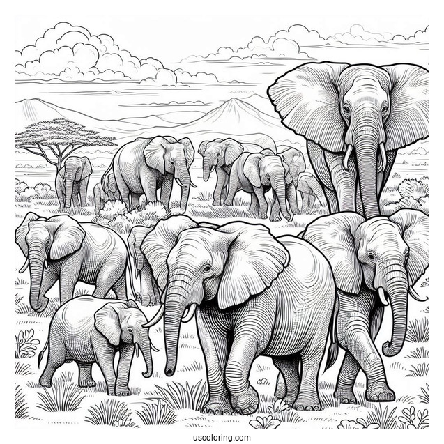 Herd Of Elephants On The Plains Coloring