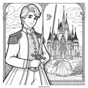 Prince Charming Holding A Sword Inside The Castle Coloring Sheet
