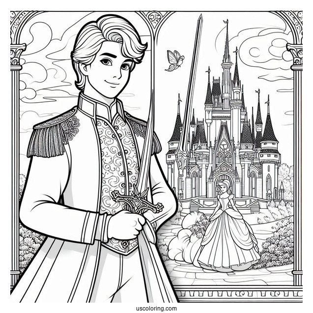 Prince Charming Holding A Sword Inside The Castle Coloring Sheet