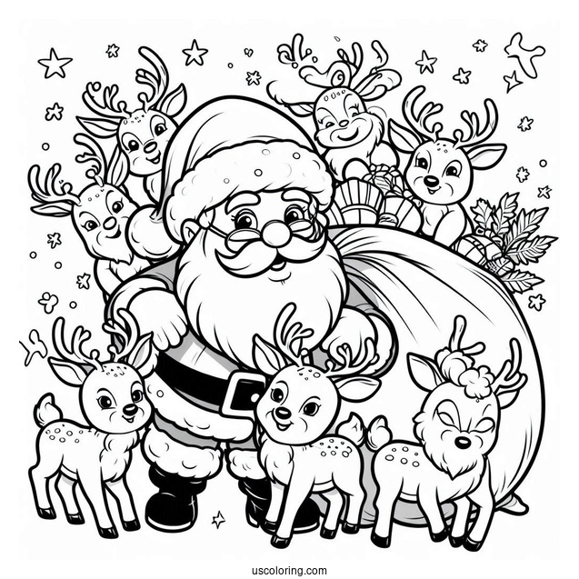 Santa And His Nine Reindeer Coloring Page