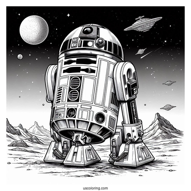 Realistic R2-D2 Coloring Page Outline On A Planet