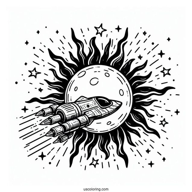 Spaceship Cruising Past The Sun Coloring Pages In Outer Space