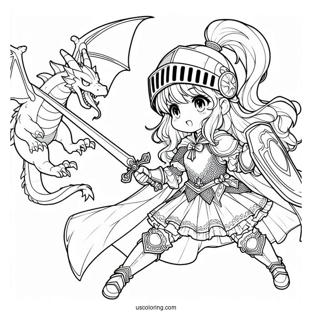 Coloring Sheet Of Girl Knight To Fight Dragon