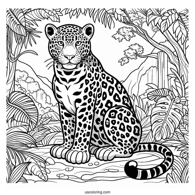 Jaguar Sitting In The Jungle Coloring Page