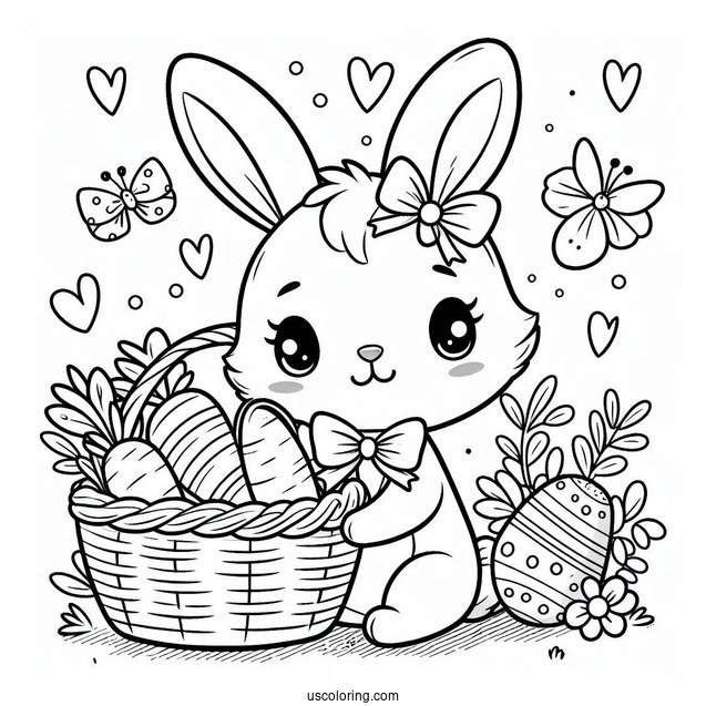 Lovely Easter Coloring Page Of Bunny With A Basket Of Carrots