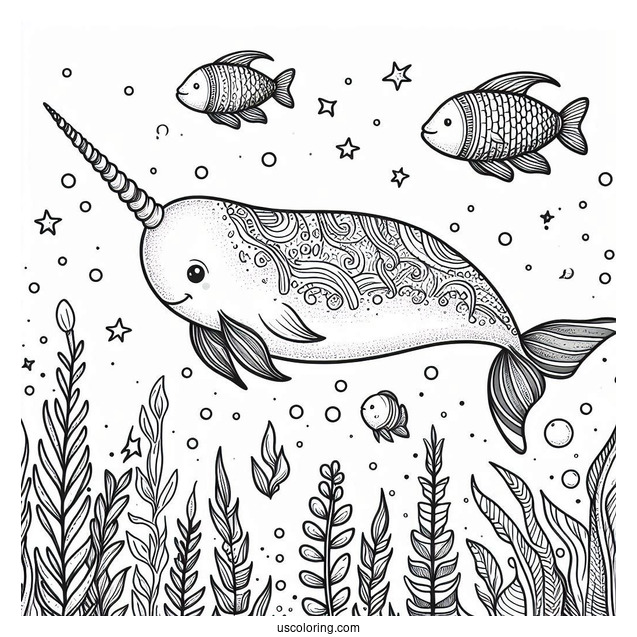 Narwhal Coloring Page Swimming With Fishes