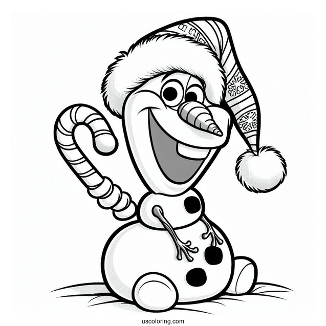Olaf Wearing Santa Hat With Candy Cane To Color