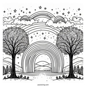 Rainbow Coloring Page Between Two Large Trees