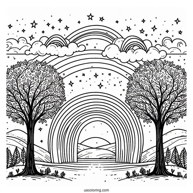 Rainbow Coloring Page Between Two Large Trees