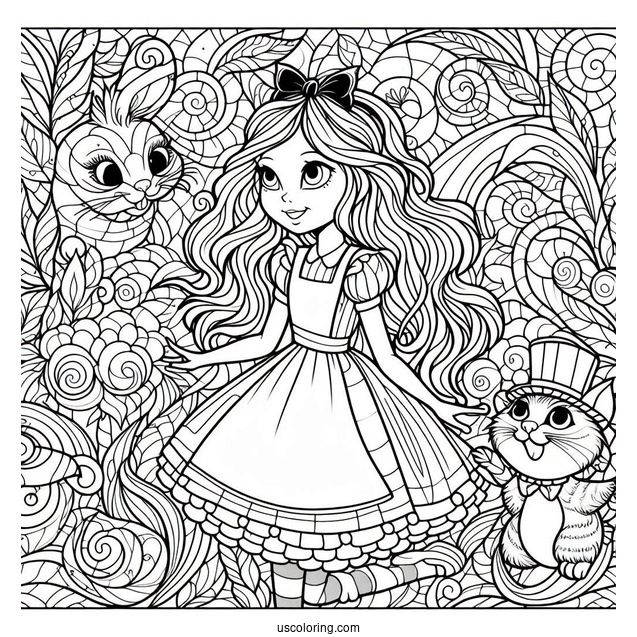 Alice In Wonderland With The Rabbit And The Cheshire Cat Stained Glass Coloring Page