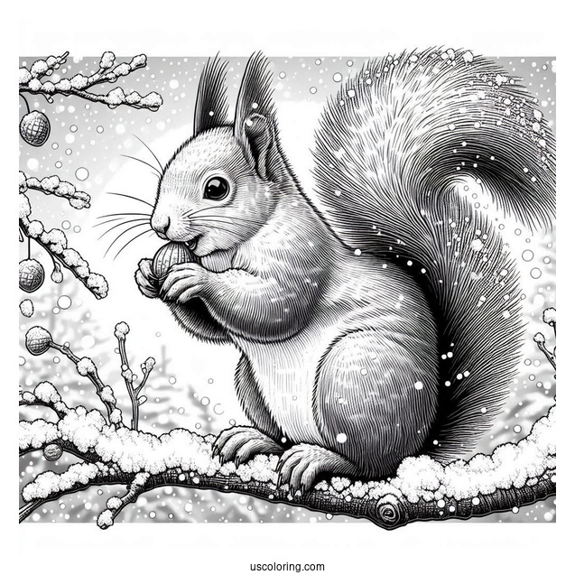 Realistic Squirrel Coloring Page Eating Nut On Snow Covered Branch