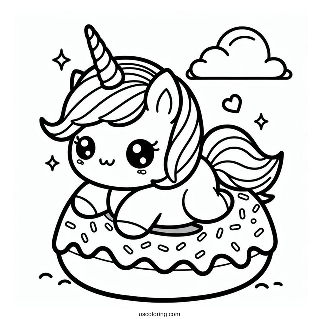 Kawaii Unicorn On A Donut Coloring Page