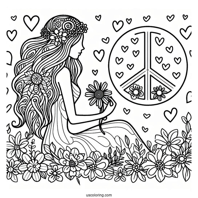 Peace Coloring Page Word And Symbol With Woman And Flowers