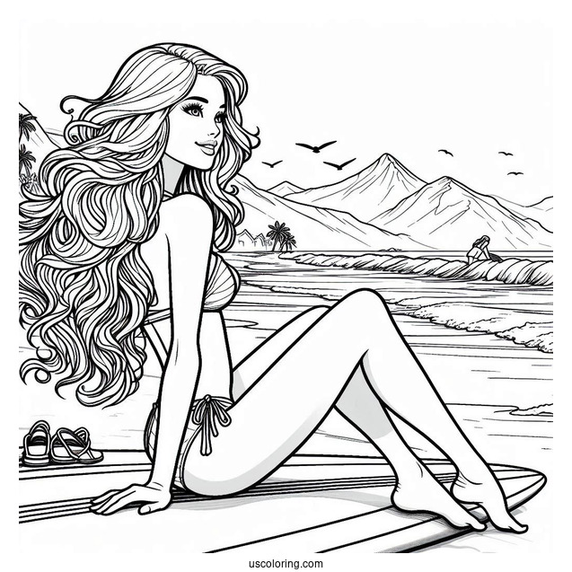 Surfer Barbie At Beach To Color