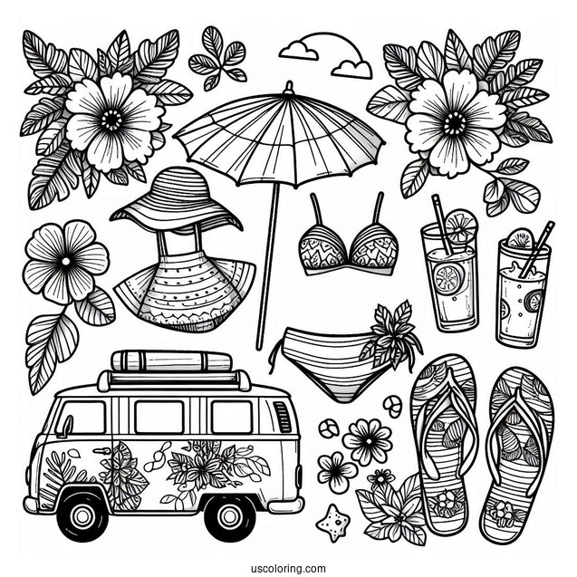 Summer Coloring Page Of Flowers, Swimsuit, Hat, Camper Van, Tree, Surfboard, And Drinks