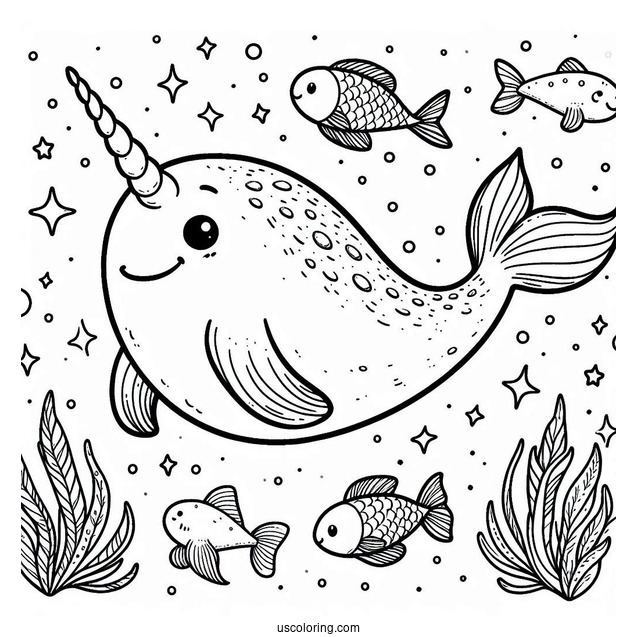 Narwhal Coloring Page Swimming With Fishes