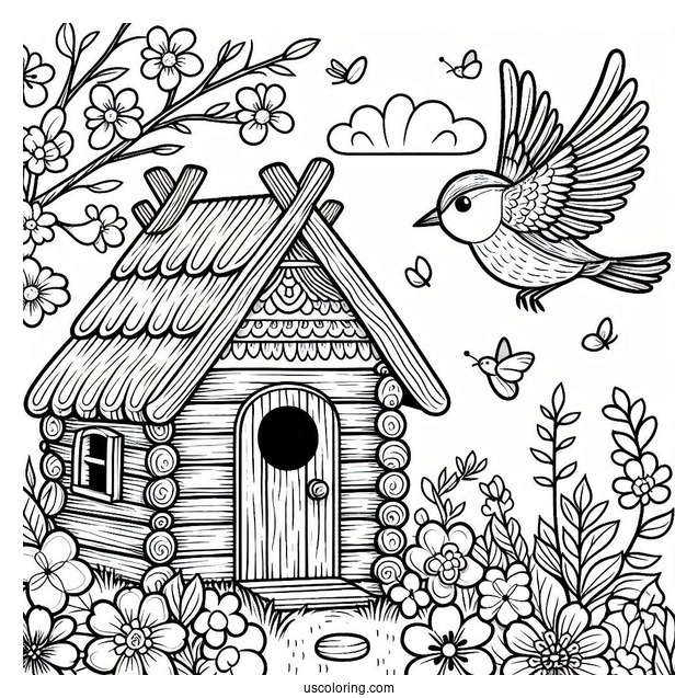 Spring Coloring Page Of Bird House With Flowers And Bird