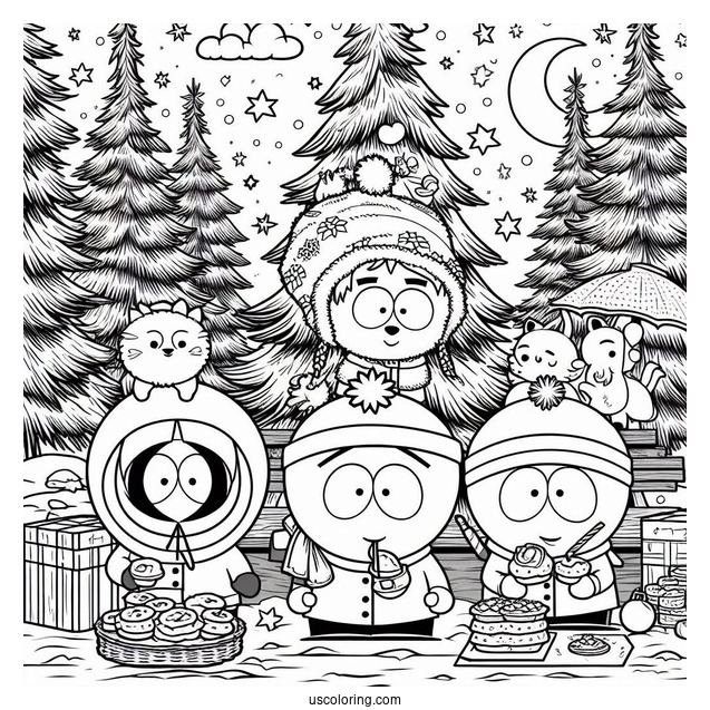 Detailed South Park Coloring Page Of Kyle, Kenny, Stan, And Eric Decorating Christmas Tree With Forest Animals