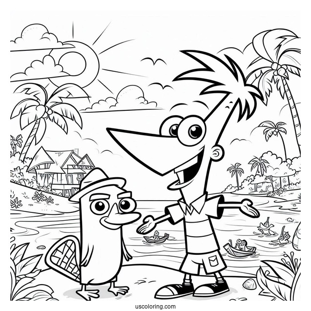 Phineas And Ferb Coloring Page In The Backyard With Perry The Platypus