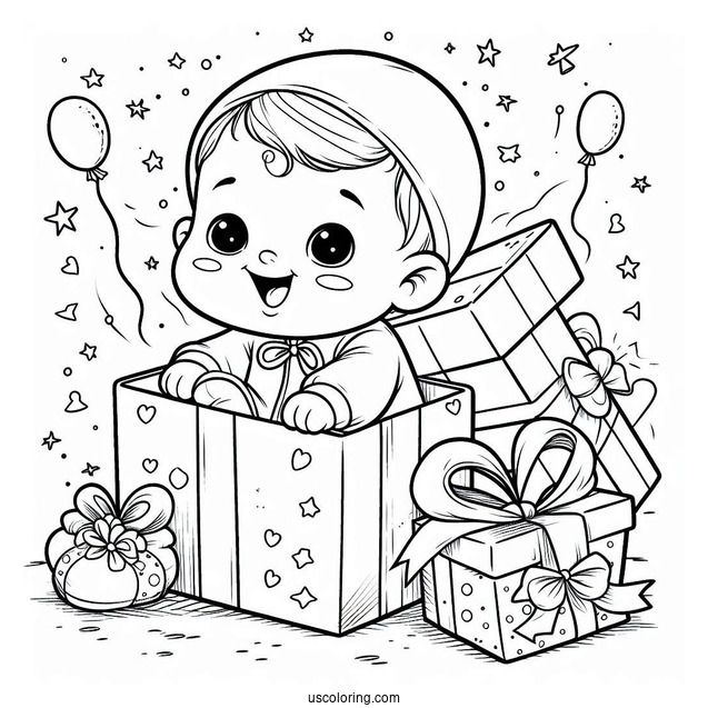 Baby Coloring Page Of Boy Coming Out Of Gift Box
