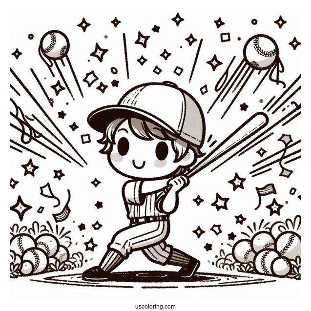 Kid Hitting Baseball Coloring Page with Confetti Celebration