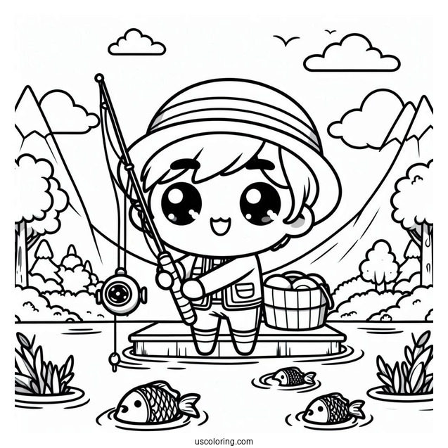 Fishing Coloring Page Of Kawaii Chibi Man Holding Fishing Rod In Front Of River