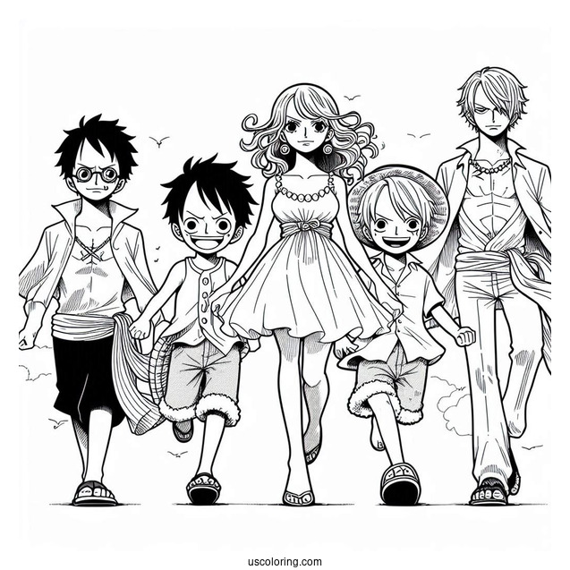 One Piece Coloring Page Of Luffy, Zoro, Sanji, Usopp, And Nami For Kids