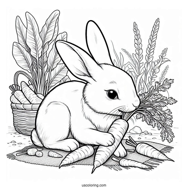 Rabbit Coloring Page Chewing On Carrots While Harvesting In A Farm