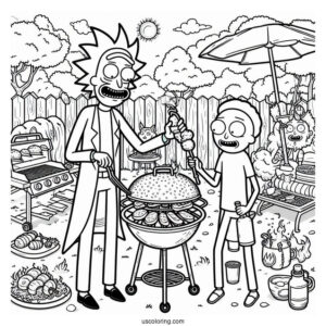 Rick and Morty Coloring Page Of Backyard Barbecue Party With Characters