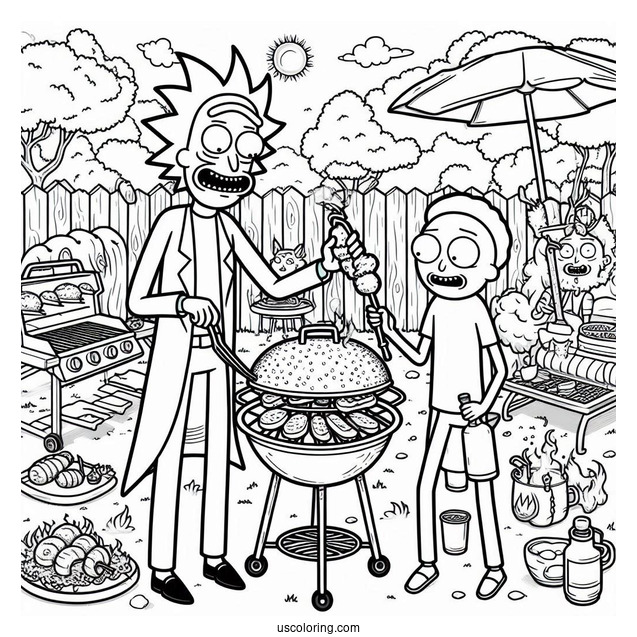 Rick and Morty Coloring Page Of Backyard Barbecue Party With Characters