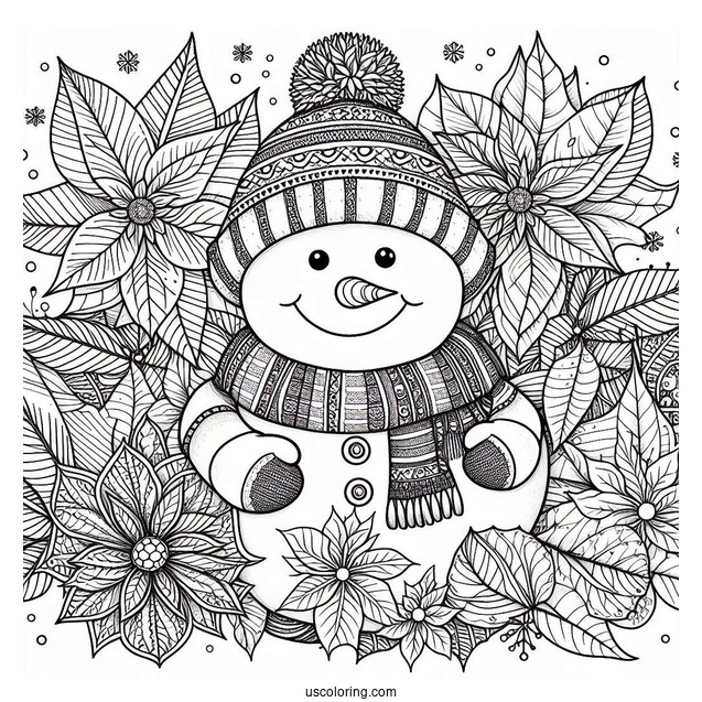 Christmas Coloring Pages For Adults Of Smiling Snowman In Front Of Christmas Poinsettia Mandala