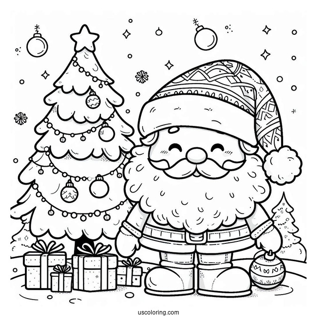 Santa Claus Beside A Christmas Tree On New Year Coloring Page