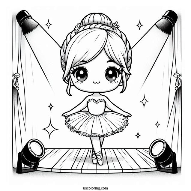 Chibi Coloring Page Ballerina Dancing on Stage Under a Spotlight For Kids