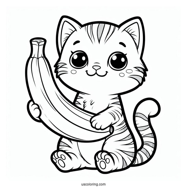 Tabby Cat Holding Up A Banana Coloring Page For Kids