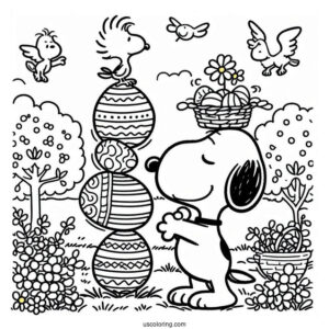 Easter Coloring Page Of Snoopy Balancing Easter Eggs With Woodstock On Top