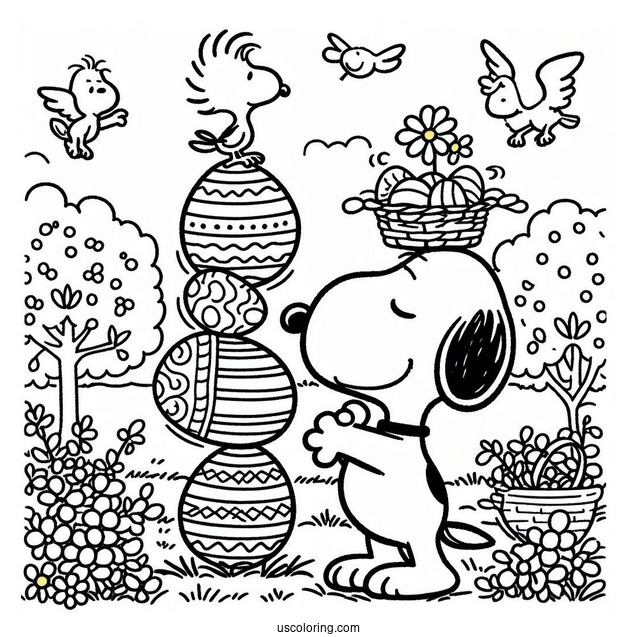 Easter Coloring Page Of Snoopy Balancing Easter Eggs With Woodstock On Top