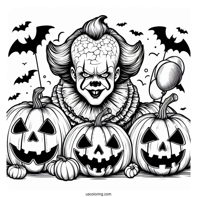 Pennywise Coloring Page With Bats And Jack O Lanterns