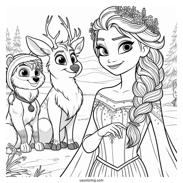 Elsa With Friends From Frozen Coloring Page