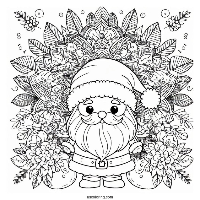 Santa Claus In Front Of A Beautiful Flower Christmas Mandala Coloring Page