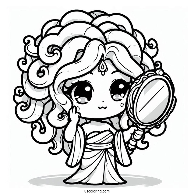 Chibi Medusa Coloring Page Holding Mirror For Kids
