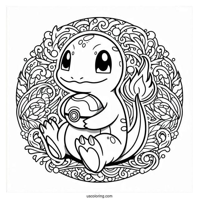 Charmander Holding Pokeball Mandala Coloring Sheet