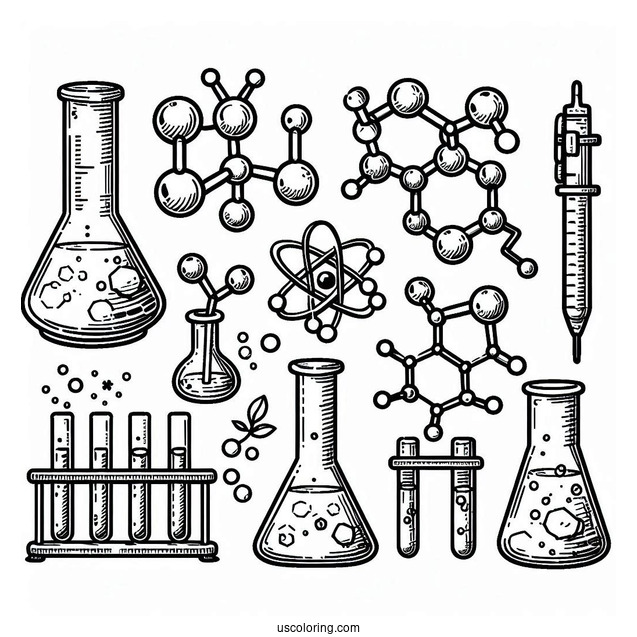 Science Coloring Page Of Laboratory Tools And Molecules For Kids