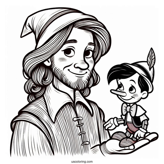 Simple Geppetto Holding Pinocchio Coloring Page