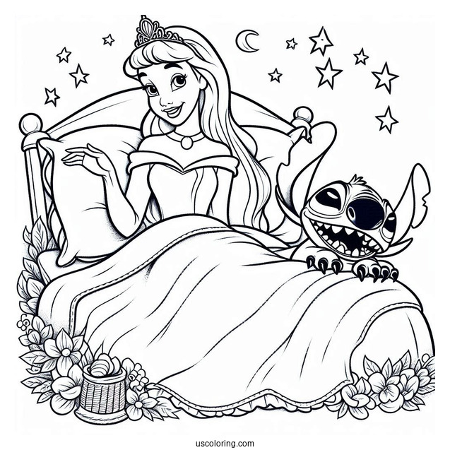 Sleeping Beauty Coloring Page Of Funny Stitch Scaring Princess Aurora