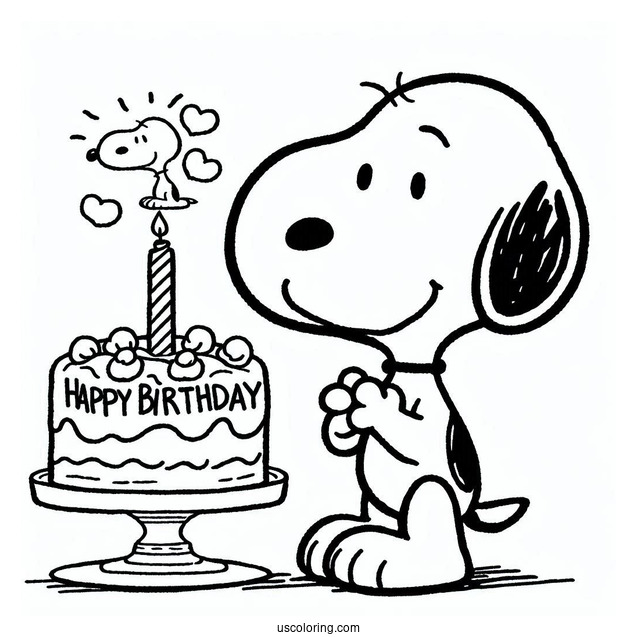 Snoopy With Happy Birthday Cake To Color