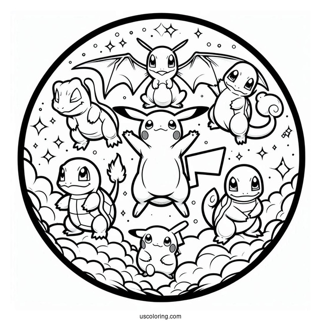 Pikachu, Charmander, Bulbasaur, Squirtle, And Mew Coloring Page In A Circle